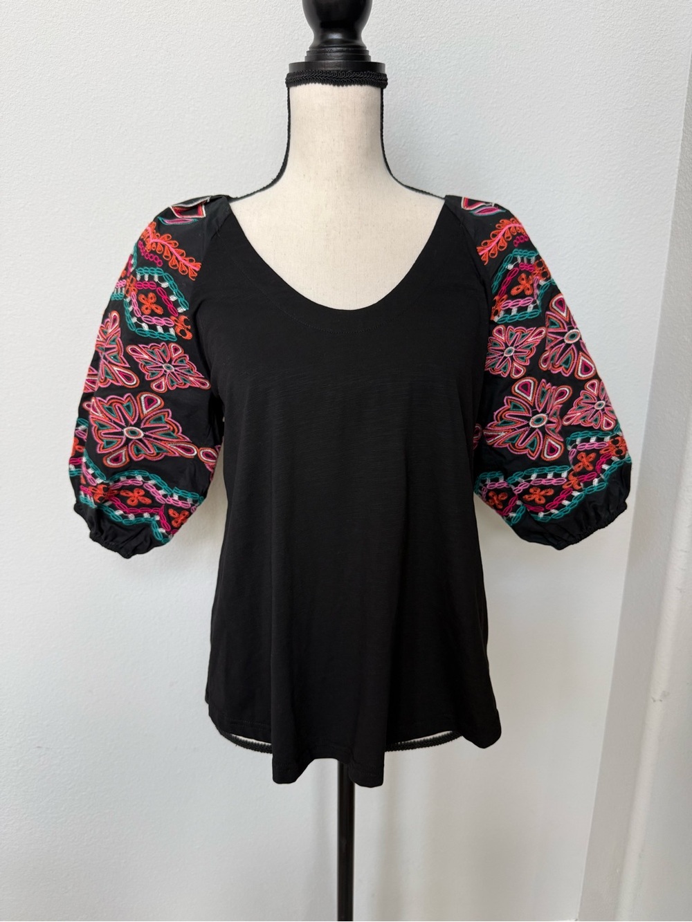 THML Black Top with Pink, Teal & Orange Embroidered Puff Sleeves